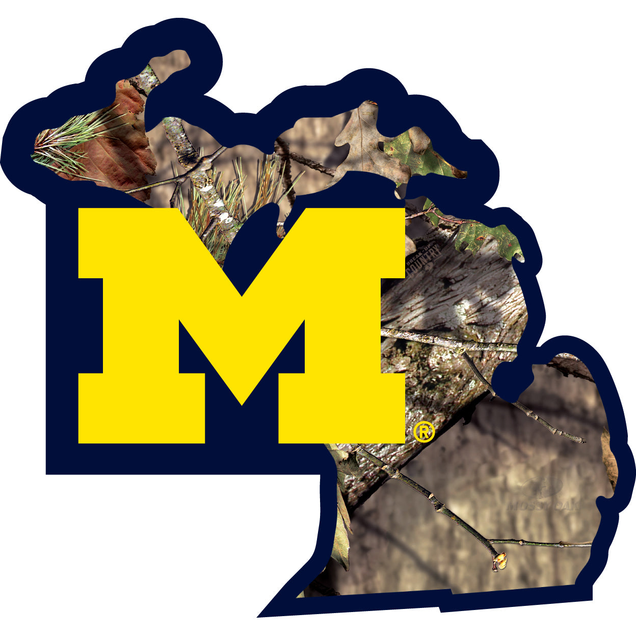 Michigan Wolverines Mossy Oak Camo State Shape Vinyl Auto Decal NCAA