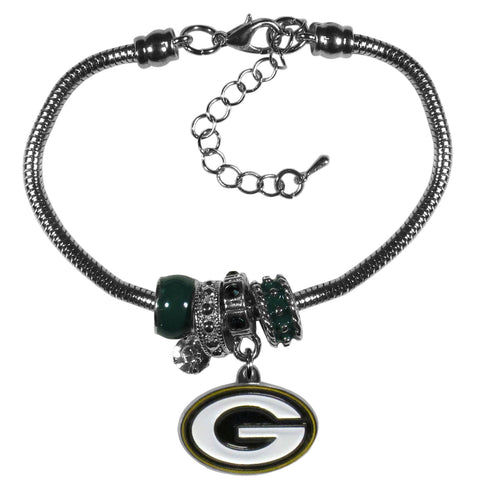 Green Bay Packers Snake Chain Bracelet with Euro Beads NFL Jewelry