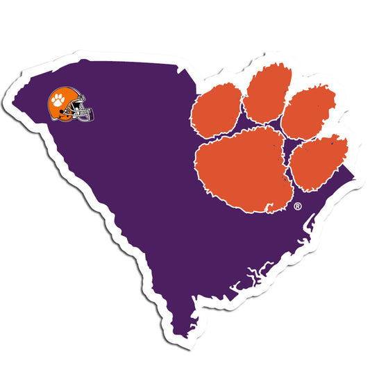 Clemson Tigers Home State Vinyl Auto Decal (NCAA) South Carolina Shape w/ Helmet