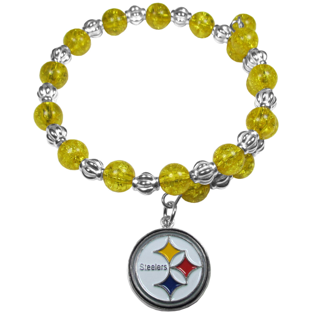 Pittsburgh Steelers Bead Memory Wire Bracelet w/ Logo Charm NFL Football