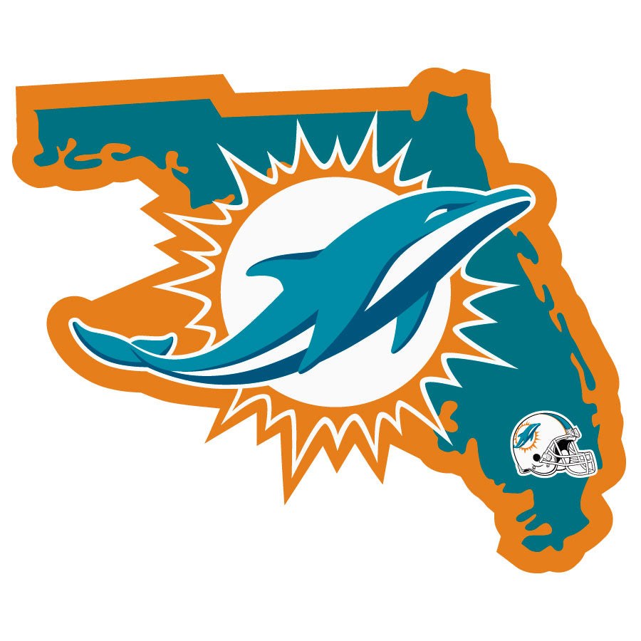 Miami Dolphins Home State Vinyl Auto Decal (NFL) Florida Shape w/ Helmet