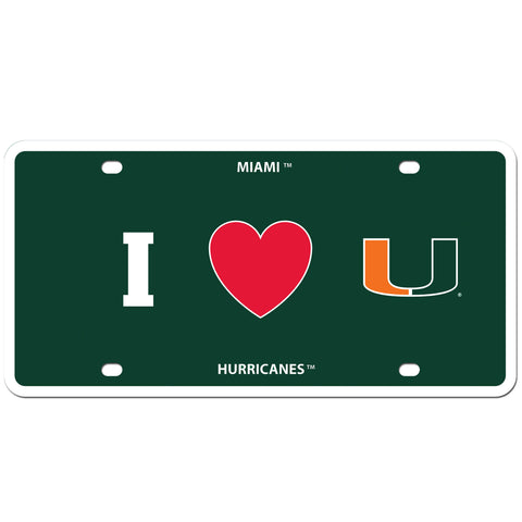 Miami Hurricanes Styrene License Plate I Love (Heart) Team Logo NCAA