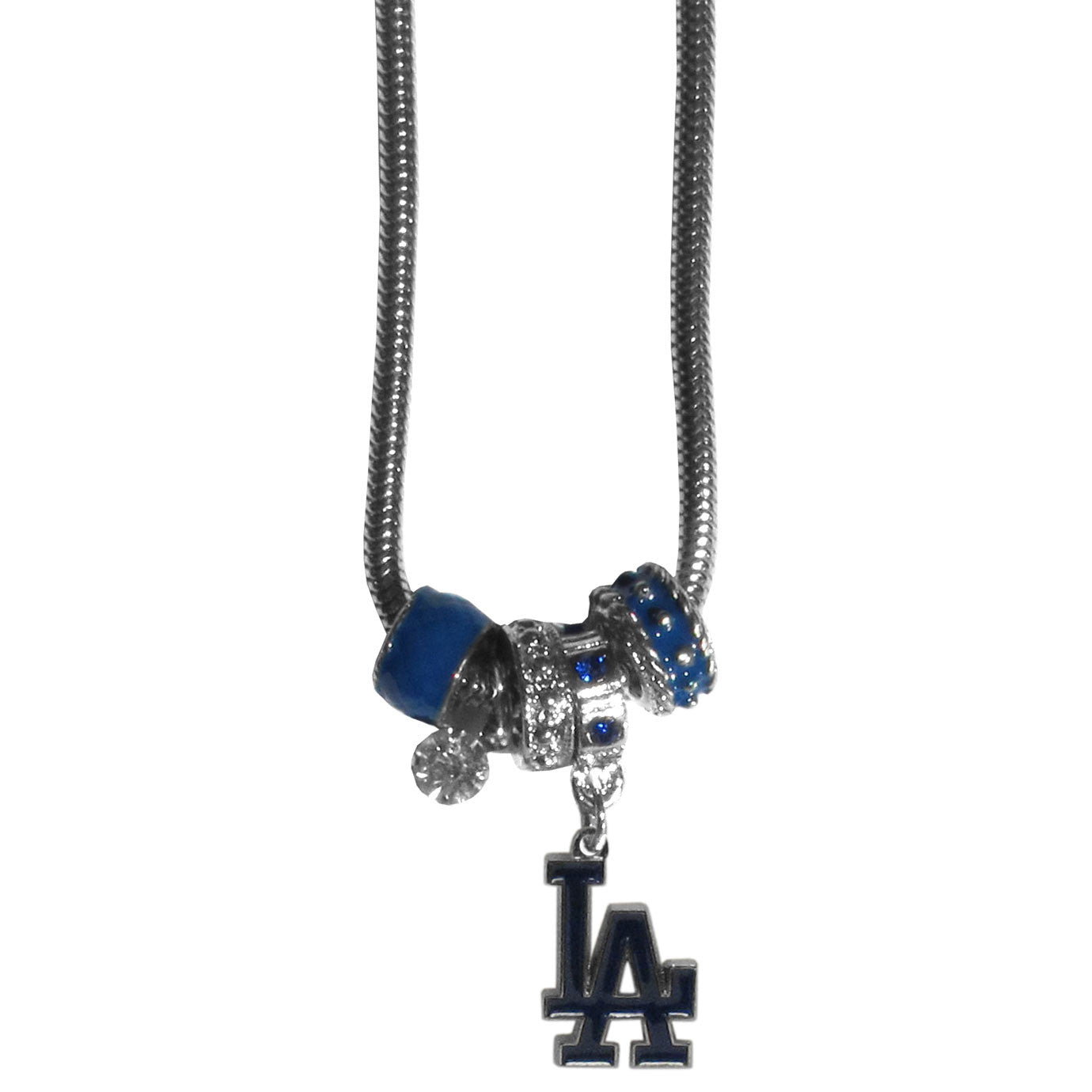 Los Angeles Dodgers Snake Chain Necklace with Euro Beads MLB Jewelry