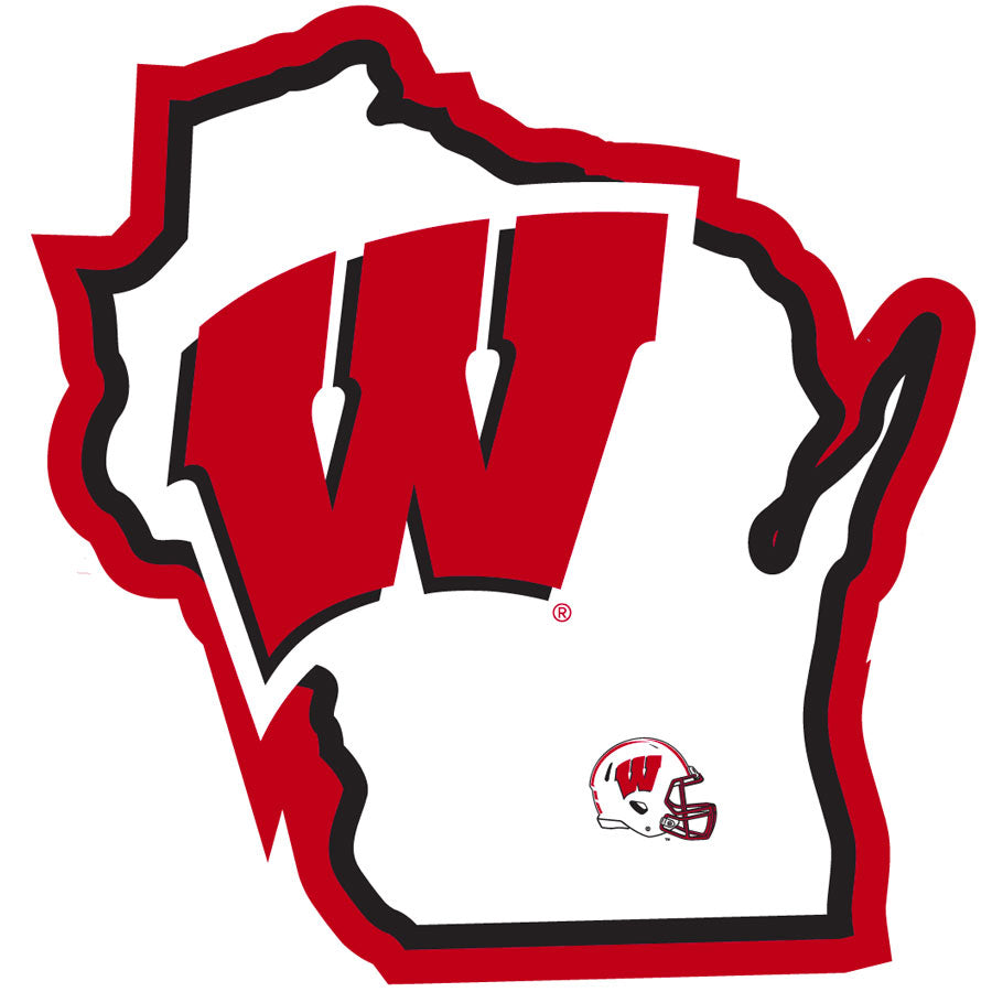 Wisconsin Badgers Home State Vinyl Auto Decal (NCAA) Wisconsin Shape w/ Helmet