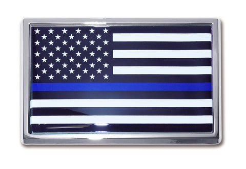 Police Department Chrome Metal Auto Emblem (Blue Line) (USA Flag) Occupational