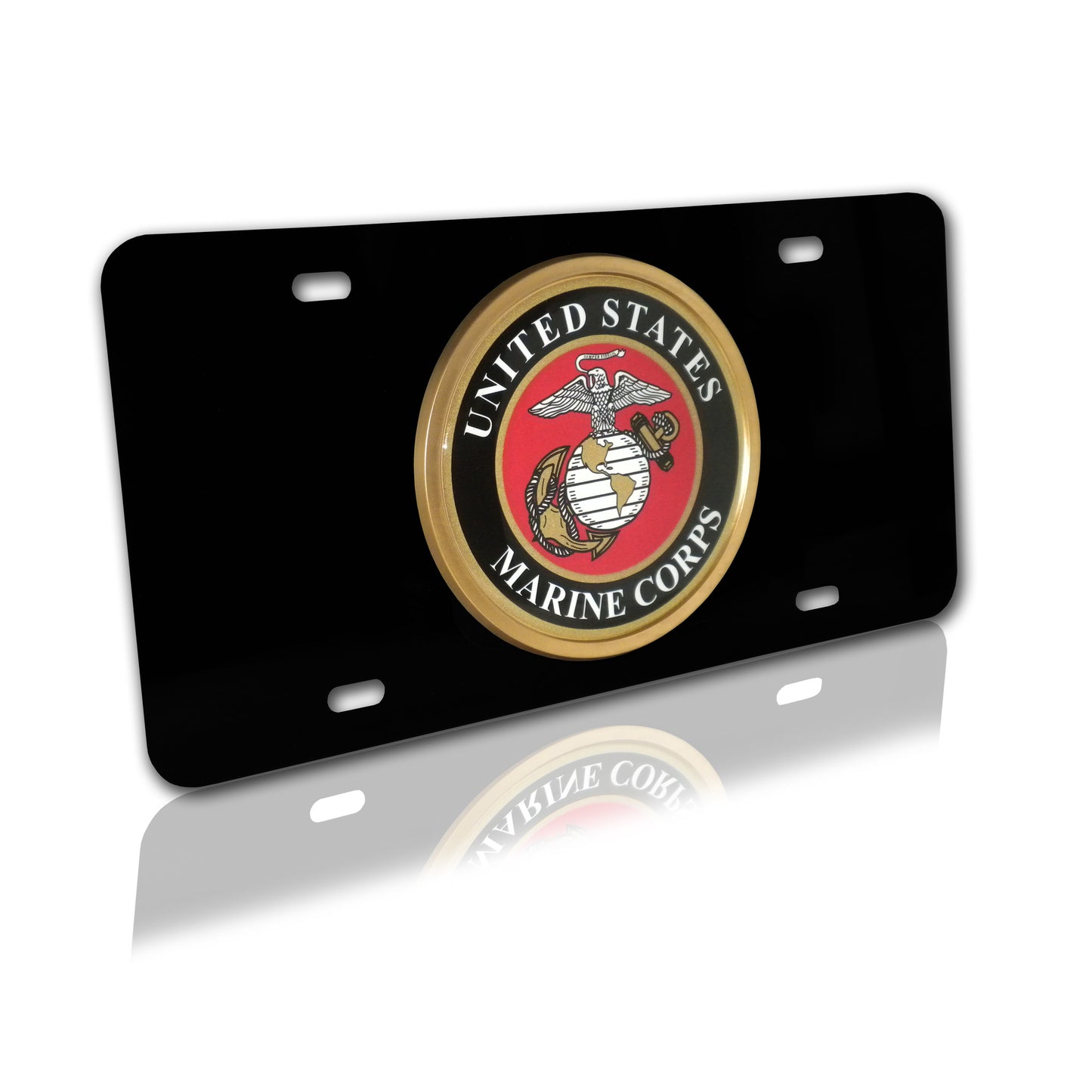 U.S. Marine Corps Seal on Black Metal License Plate (Military)