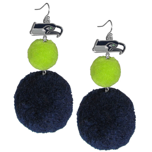 Seattle Seahawks Dangle Pom Pom Earrings (NFL Football)