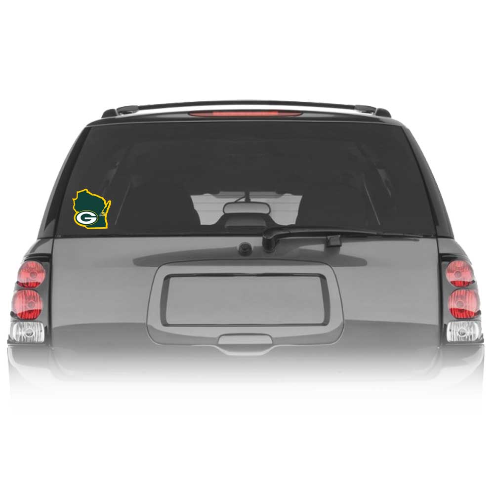 Green Bay Packers Home State Vinyl Auto Decal (NFL) Wisconsin Shape w/ Helmet