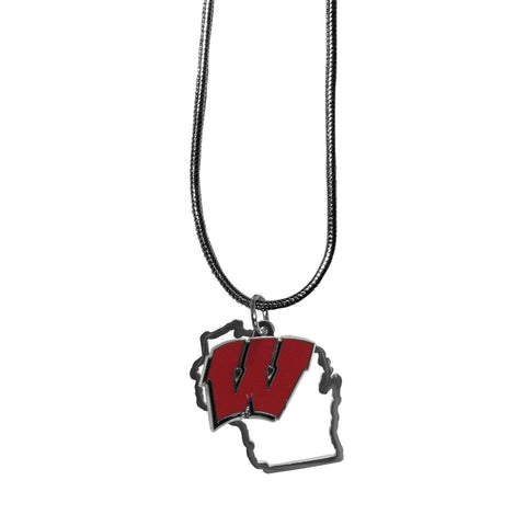 Wisconsin Badgers State Shape Charm w/ Team Logo Chain Necklace NCAA