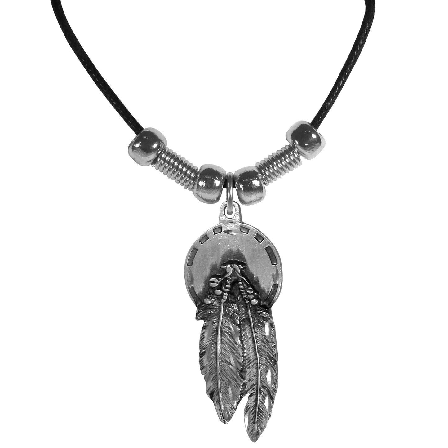 Leather Cord Necklace w/ Metal Concho & Feathers Charm