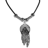 Leather Cord Necklace w/ Metal Concho & Feathers Charm
