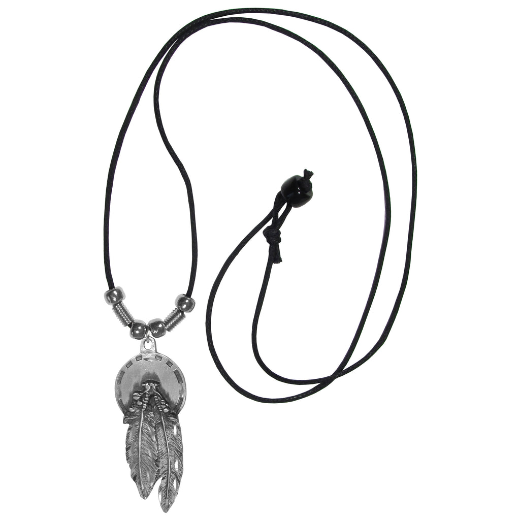 Leather Cord Necklace w/ Metal Concho & Feathers Charm