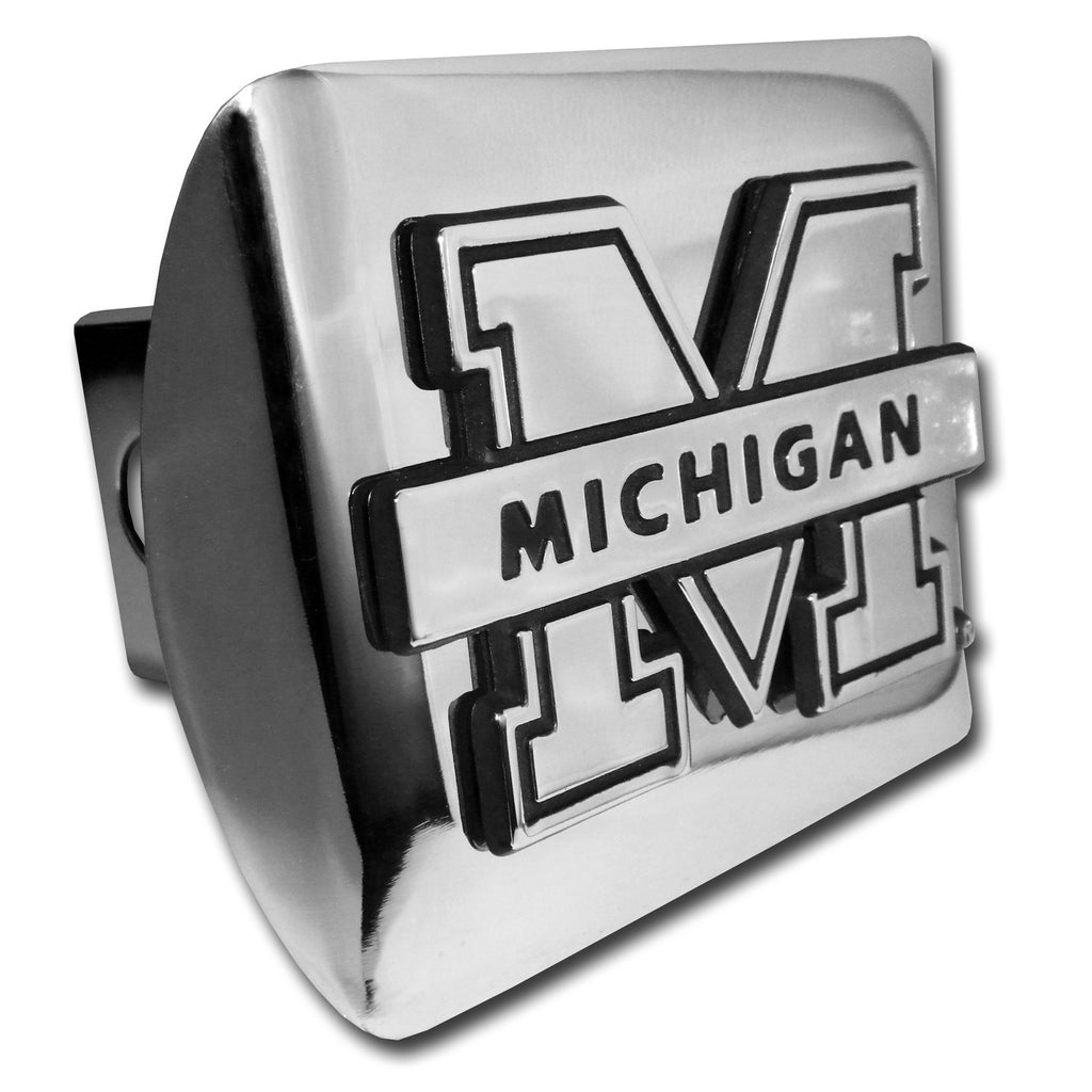 Michigan Wolverines Shiny Chrome Metal Hitch Cover ("M" w/ Banner) NCAA